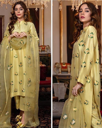 Silk Embroidered 3-piece pale yellow