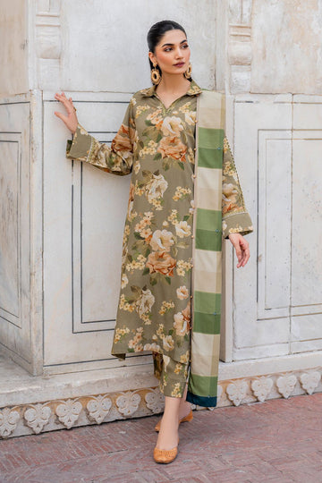 3- Piece Lawn Embroidered Dress With Lawn Dupatta