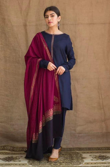 3- Piece Embroidered Dhanak Dress with Shawl