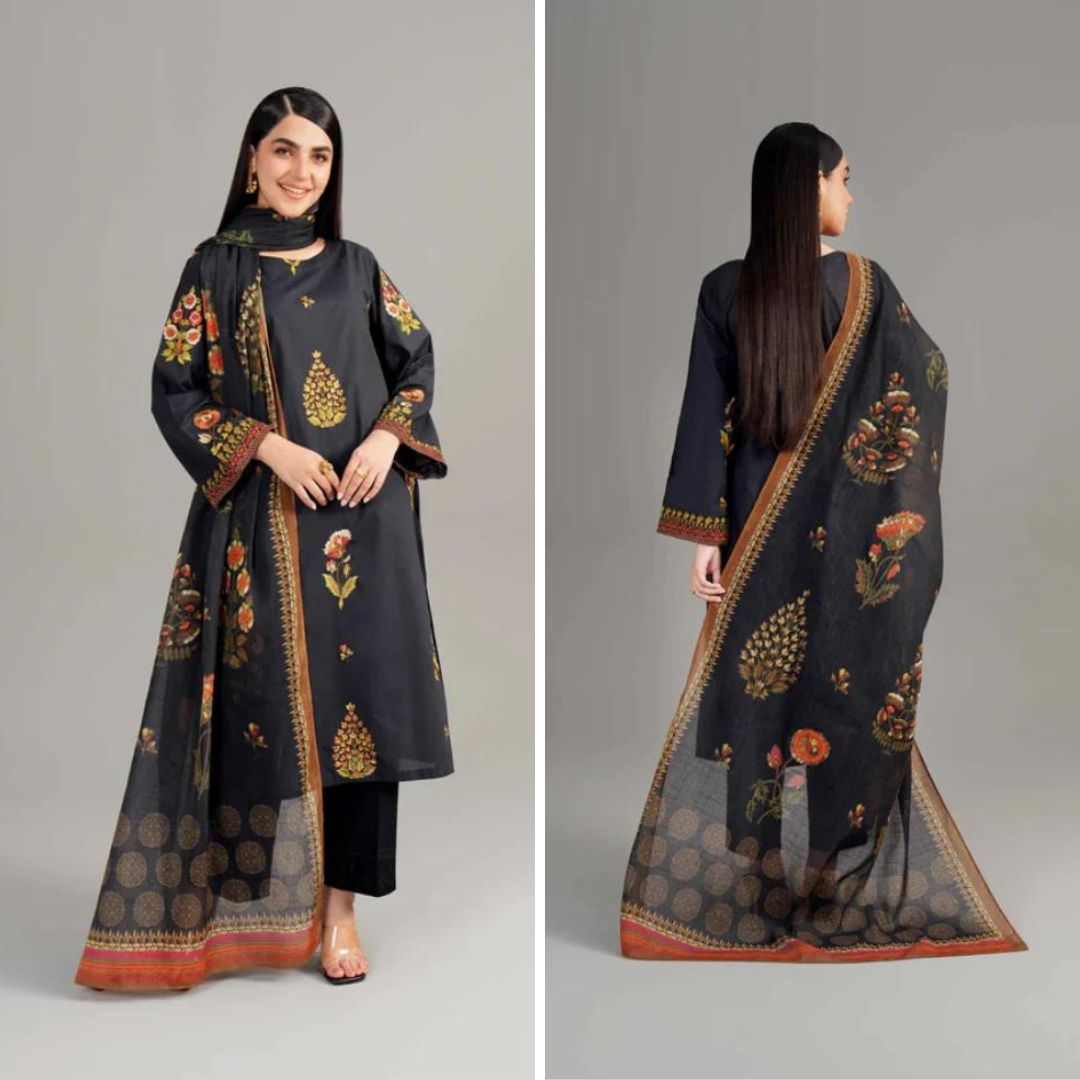 3- Piece Embroidered Dhanak Dress with Shawl