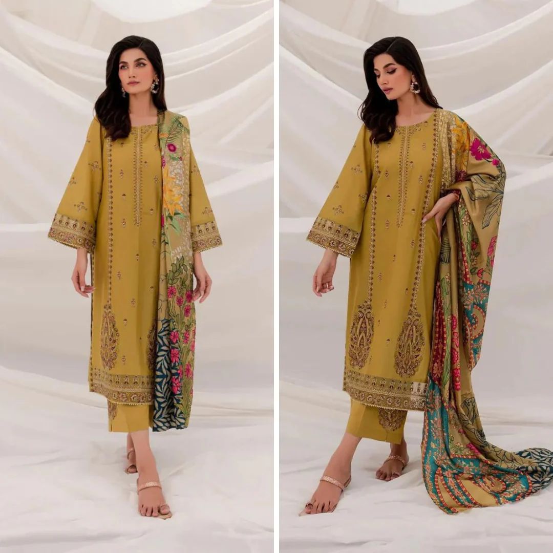 3- Piece Embroidered Dhanak Dress with Shawl