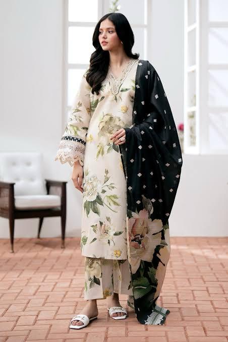 3- Piece Lawn Embroidered Dress With Lawn Dupatta