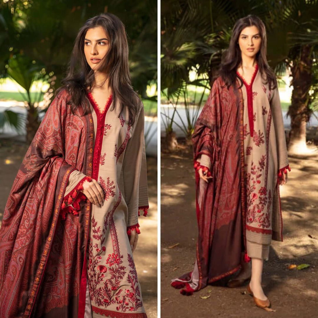 3- Piece Embroidered Dhanak Dress with Shawl