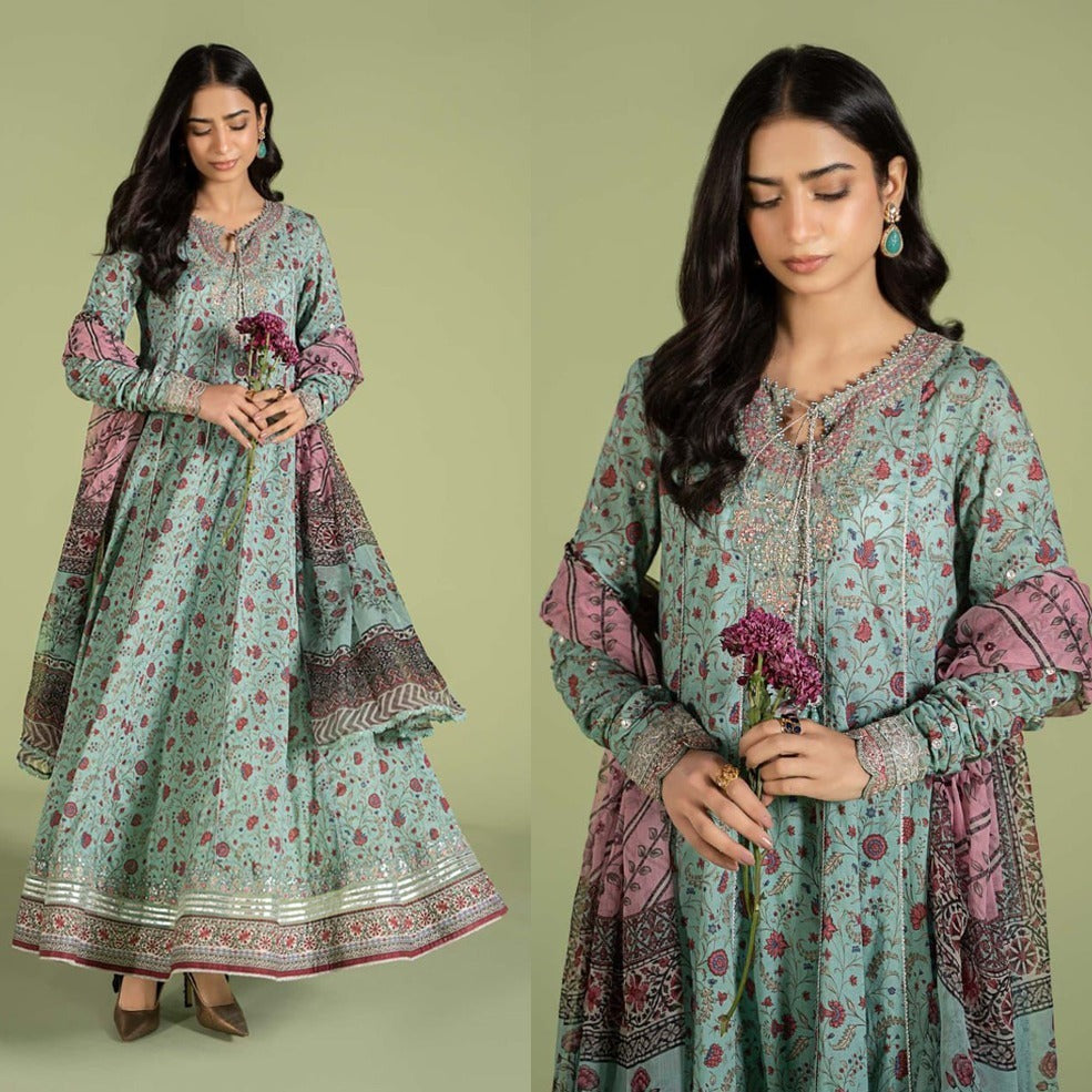 3- Piece Lawn Embroidered Dress With Lawn Dupatta