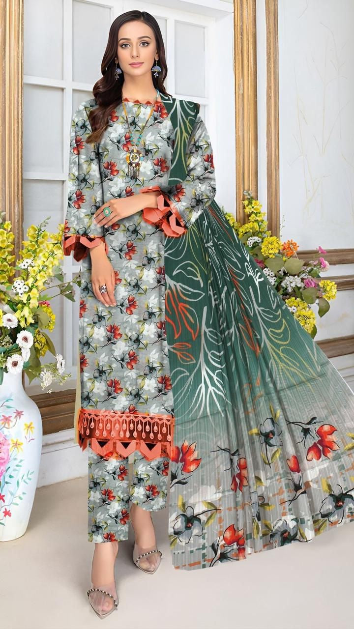 Embroidered lawn 3-piece dress