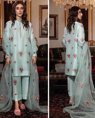 Silk Embroidered  3-piece  sky blue