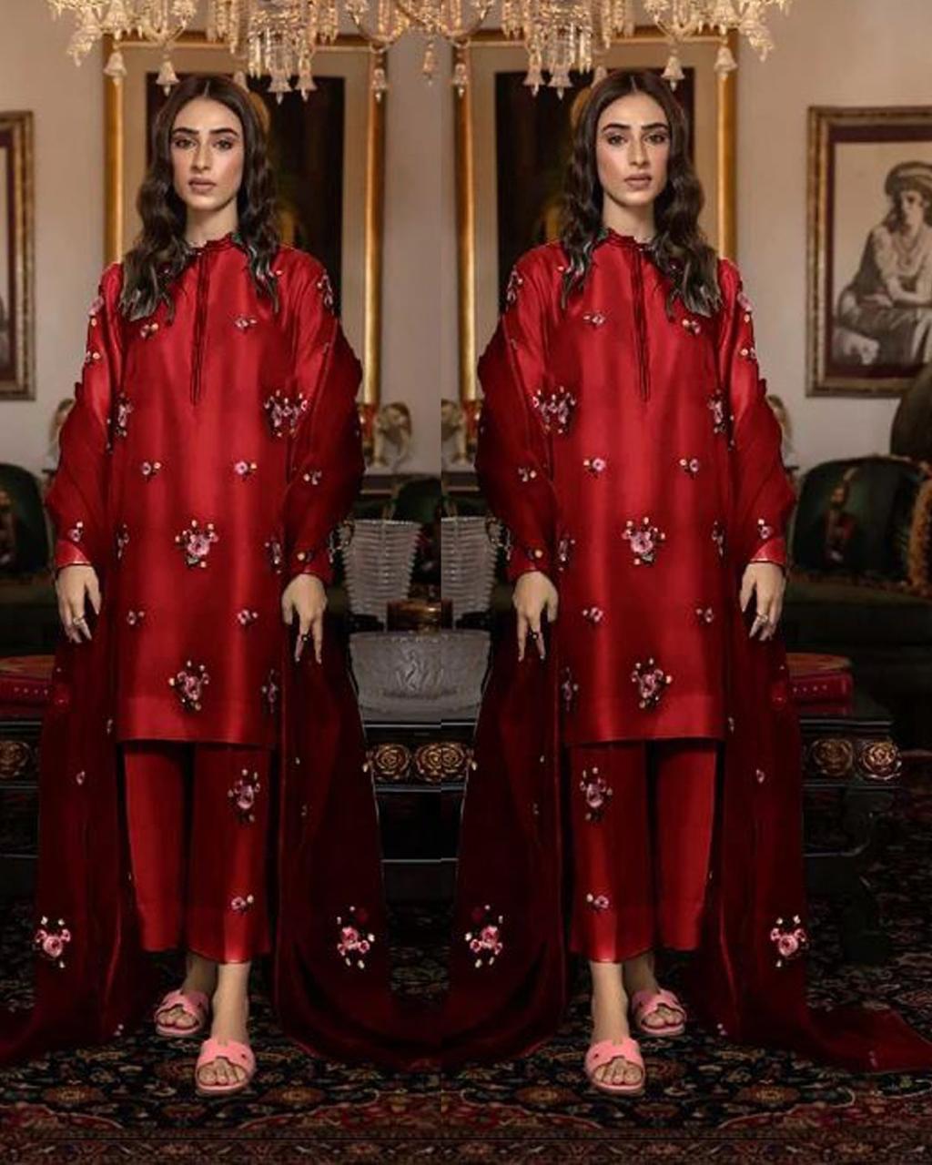 Silk Embroidered  3-piece   Red