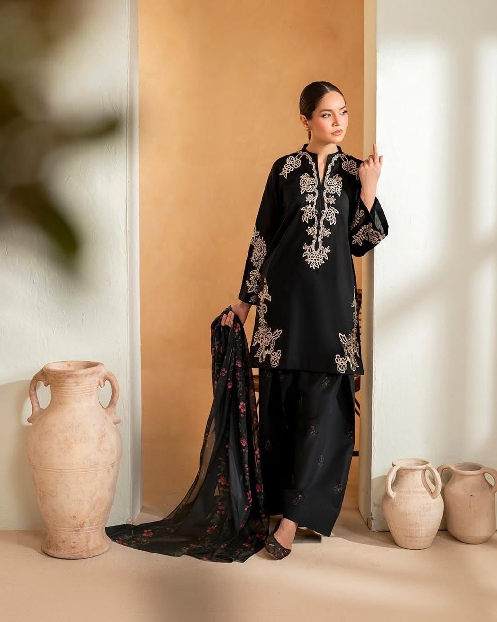 3-Piece Embroidered Dhanak Dress
