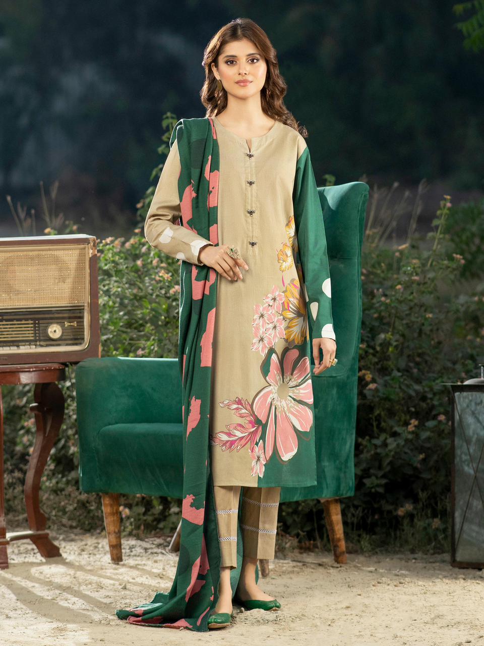 3- Piece Lawn Embroidered Dress With Lawn Dupatta