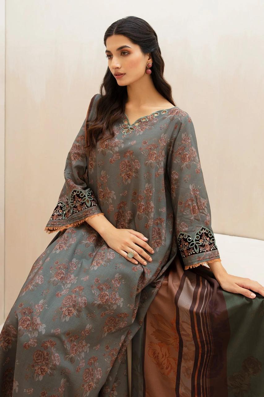 3- Piece Lawn Embroidered Dress With Lawn Dupatta