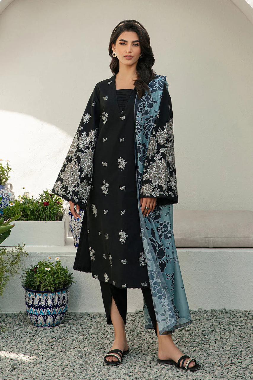 3- Piece Lawn Embroidered Dress With Lawn Dupatta